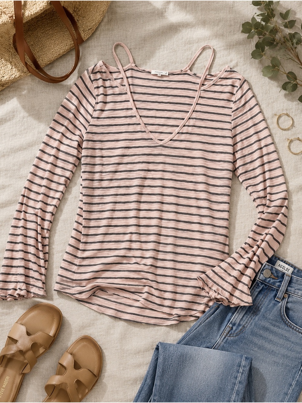 Two by Vince Camuto Pink and Black Striped V-Neck Cold Shoulder Top